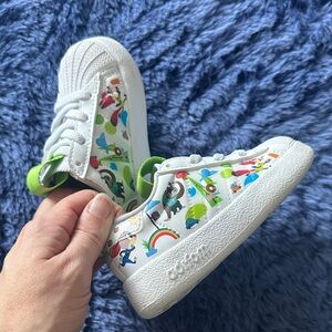 Toddler Adidas Zootopia White Sneakers with Colorful Print and Green Accents